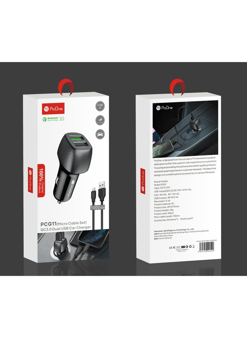 ProOne PCG11 Qualcomm Quick Charge 3.0 Dual USB 5.4A Car Charger with Type-C Cable | Fast Charging for iPhone, Samsung, and All USB Devices | Includes 1m Type-C Cable - Image 5